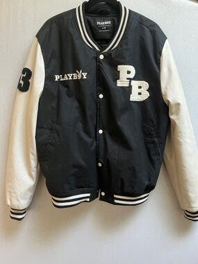 Playboy Black & White Varsity Letterman Jacket Faux Leather Sleeves L